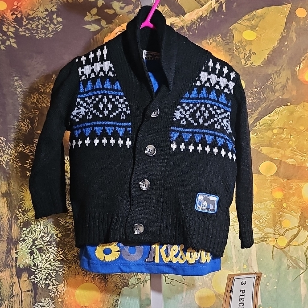 Boys 3pc SZ 12mo BlueTop, Blk Corduroy Pants N Cardigan